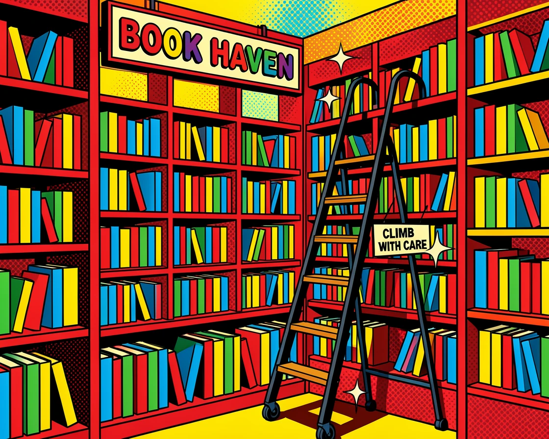A cozy bookshop with towering shelves and a rolling ladder