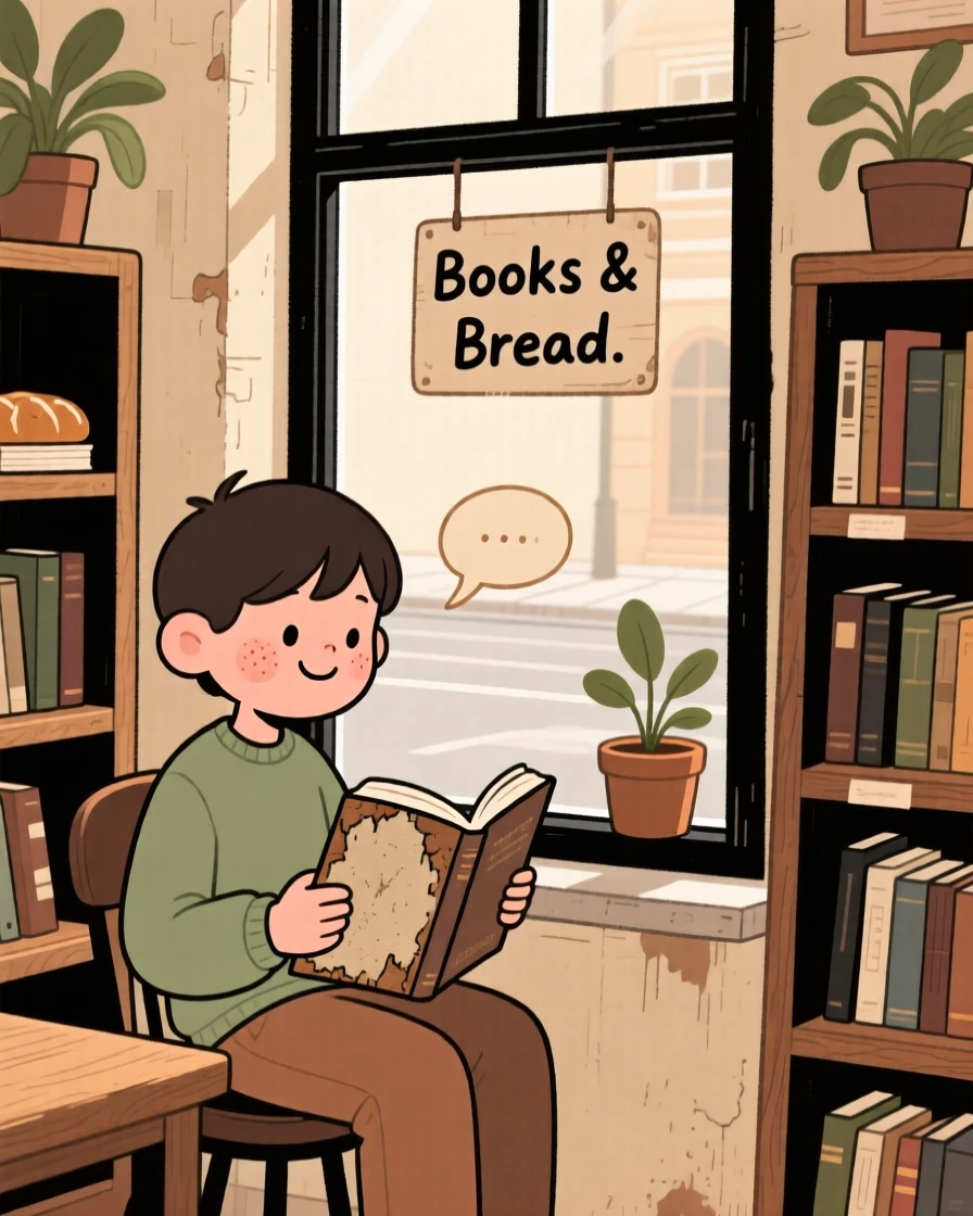 A student sits by the window of a small old bookstore, reading a worn novel as the smell of baking bread fills the air.