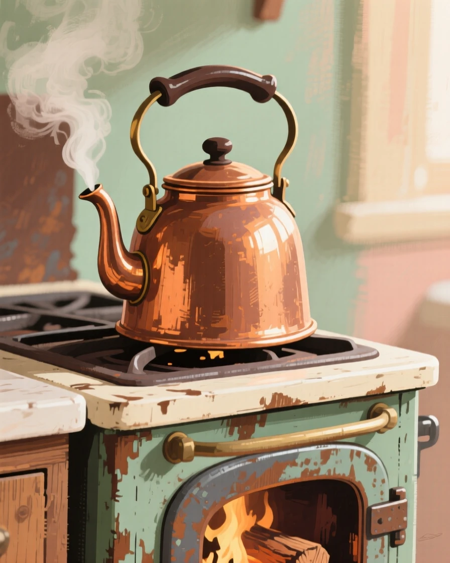 A copper kettle steaming on an old wood-fired stove