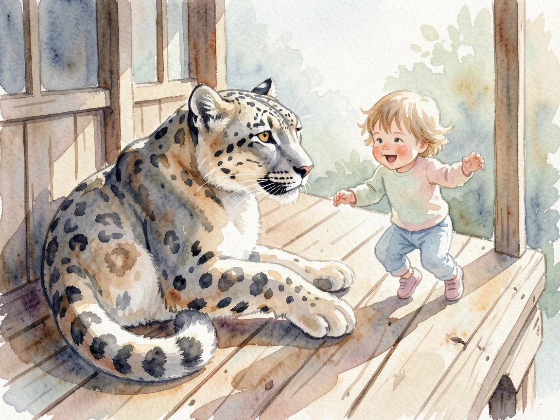 A majestic snow leopard on a wooden porch playing with a small child nearby.