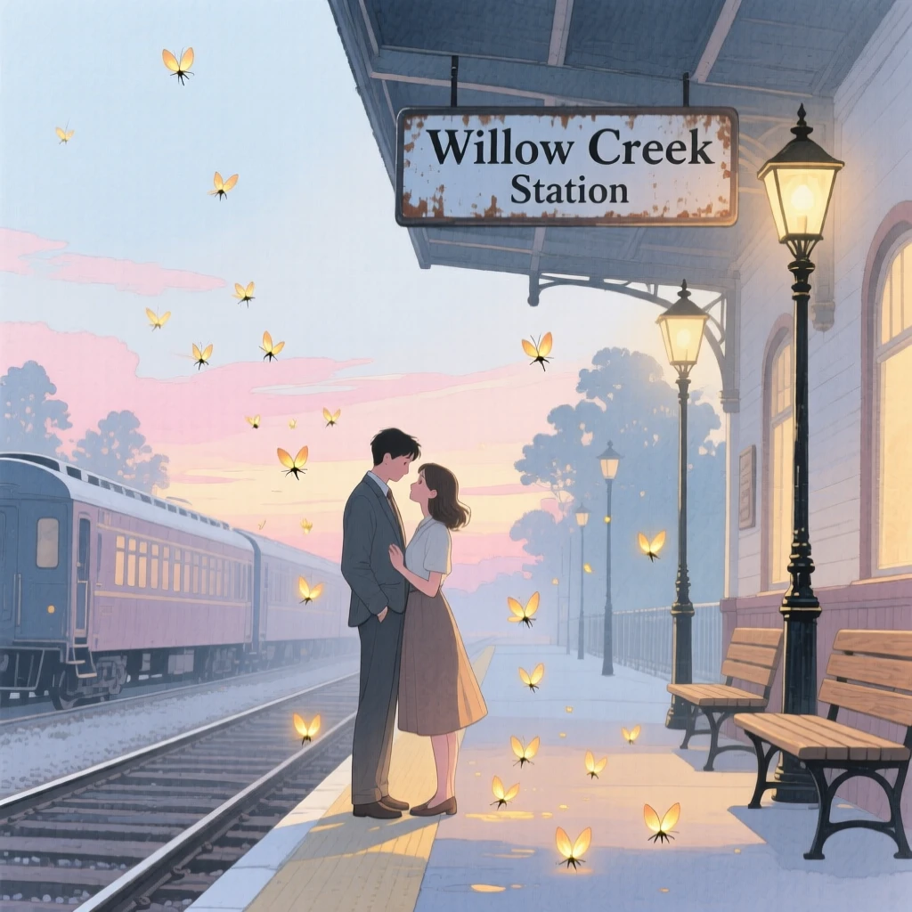 A tender moment of a vintage train platform farewell, as fireflies begin to glow around them, capturing quiet affection between two people