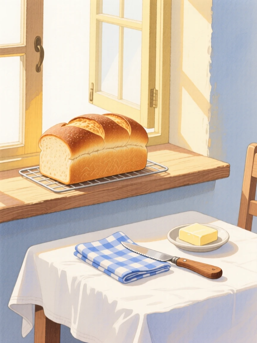 A fresh loaf of bread cooling on a windowsill, arranged invitingly on a sunny table.