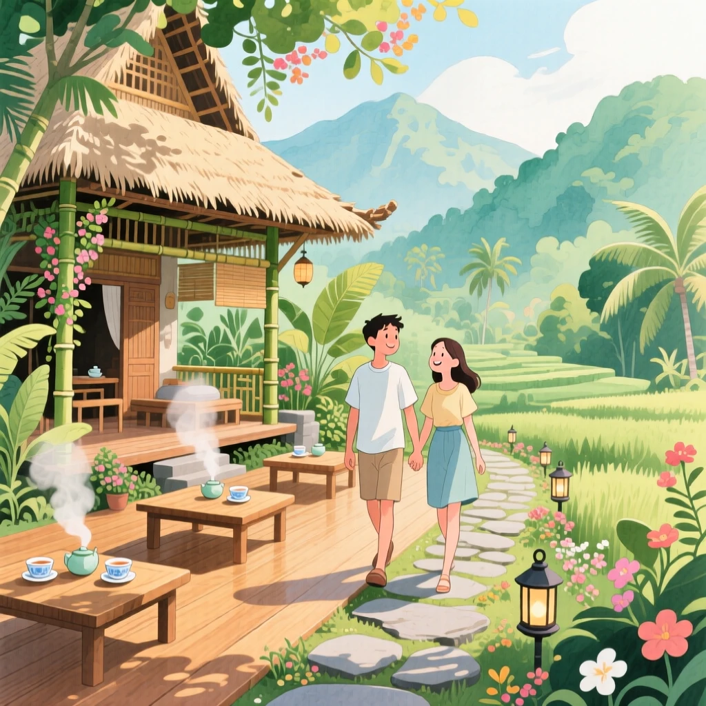 A young couple wanders hand in hand amid a traditional tea house nestled in the mountains of Bali, inspiring a dream of far-off horizons.