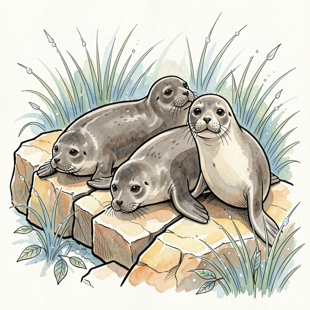 A group of seals basking together on sun-warmed rocks, morning dew still clinging to the grass and leaves nearby.
