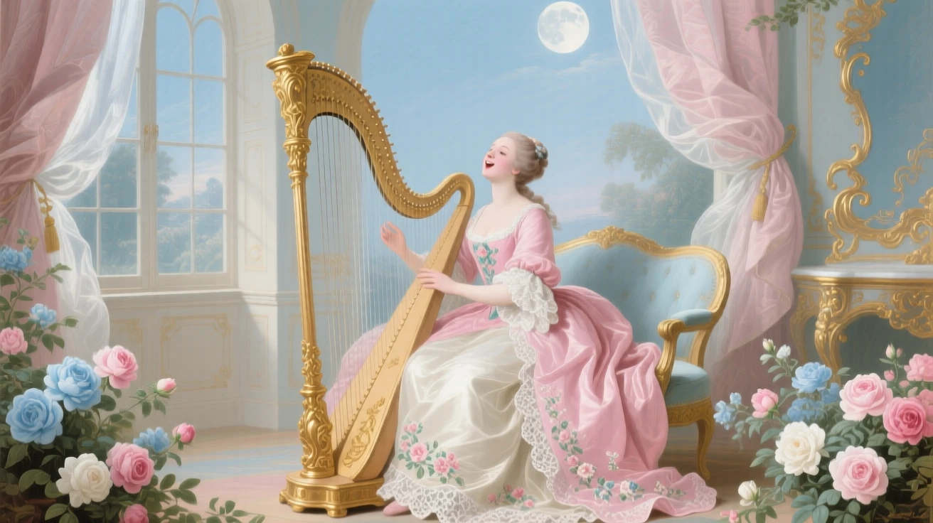 A lady singing beside a harp while moonlight enters through tall windows  