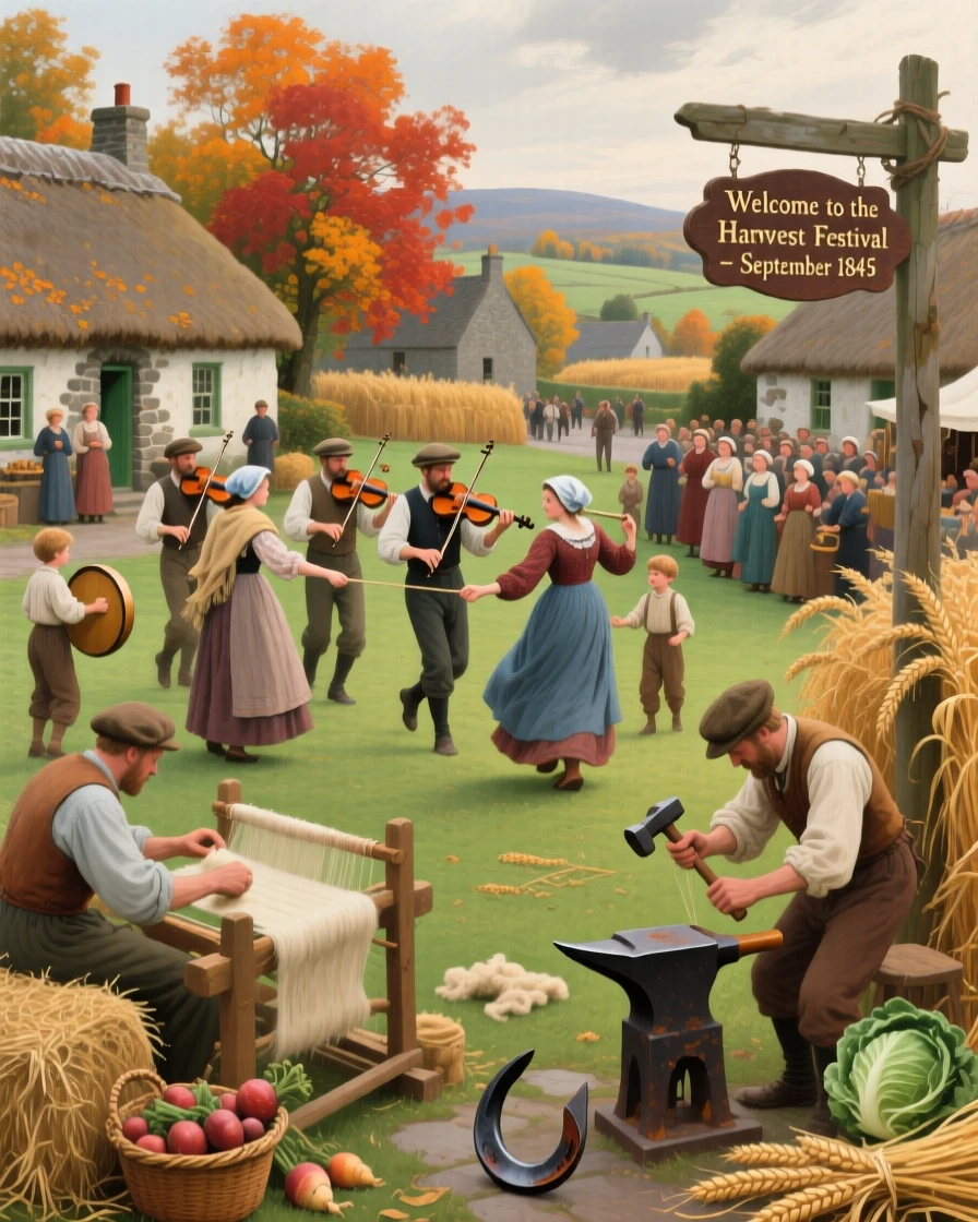 An Irish village celebrating a traditional harvest festival with music and dance, capturing the customs and craftsmanship unique to the era, honoring the customs, craftsmanship, and spirit of the time