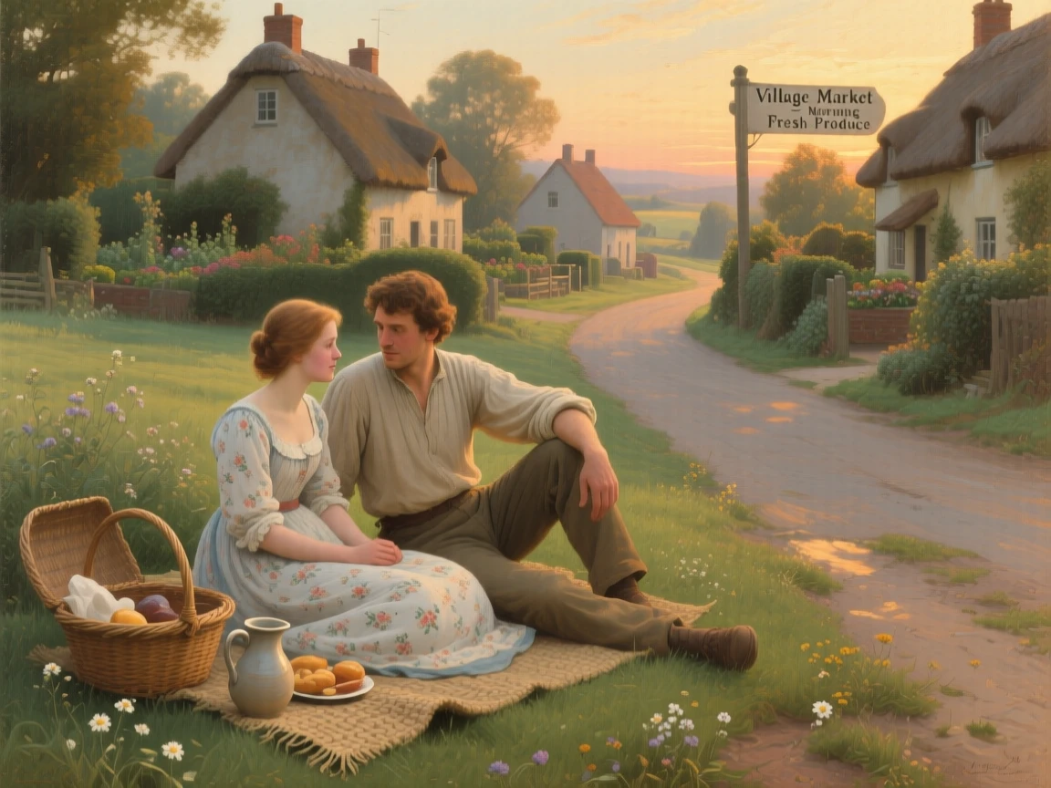 A young couple sharing a quiet picnic beside a country lane as ordinary labor takes on unexpected grace, set within a sunlit rural village at the start of a new day, with modest but well-tended surroundings speaking of quiet pride; warm natural light elevates a humble scene into something timeless, filled with gentle humor, warmth, and community spirit.