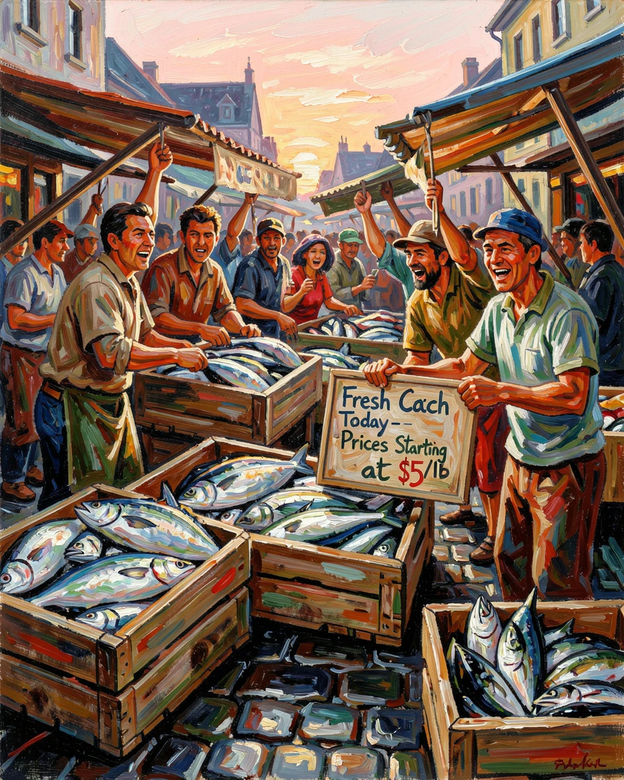 A busy fish market at dawn, vendors calling out prices over crates of glistening catch.