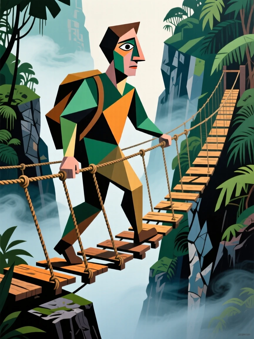 A traveler crossing a rope bridge over a misty jungle canyon.