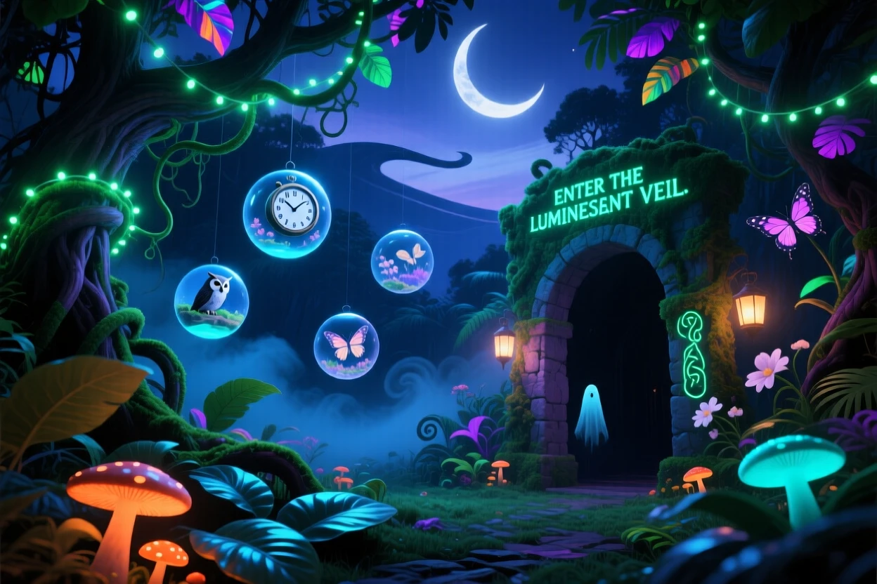 A jungle where vines glow softly like strings of fairy lights glows softly from within as night settles over it, as the horizon bends gently upward at its farthest edge.