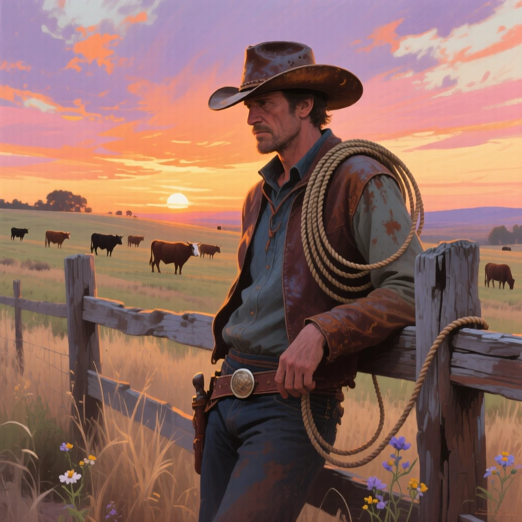 A weathered cowboy leans against a wooden fence at sunset, hat tilted low, a lasso coiled over his shoulder as cattle graze behind him, the surrounding environment framing them naturally without overwhelming the human focus of the scene.