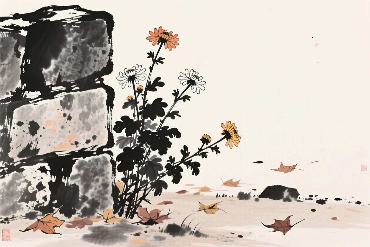 A cluster of chrysanthemums grows beside a rustic stone wall, as autumn leaves scatter across the ground nearby.