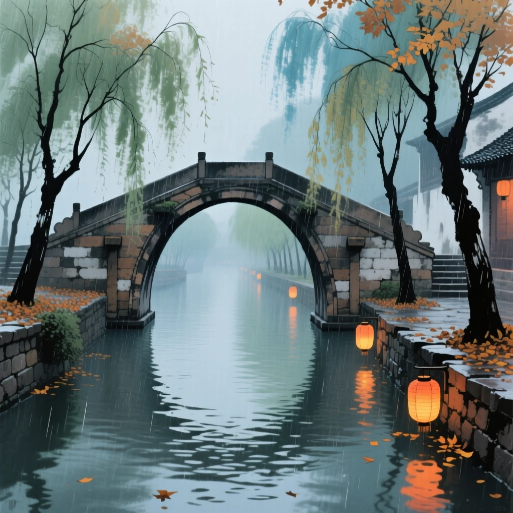 An arched stone bridge over a canal lined with willow trees, in late autumn, as lanterns are lit for the evening, in a gentle drizzle.