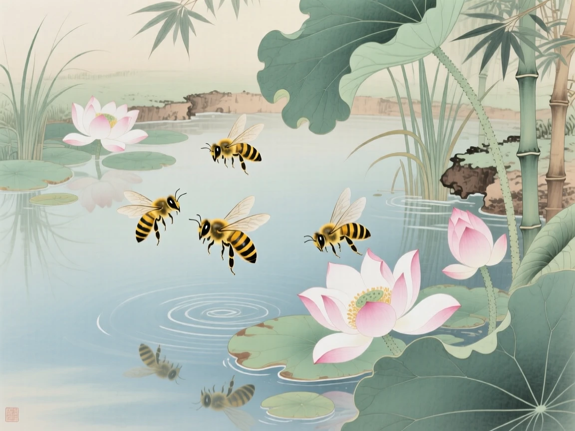A cluster of honeybees hovering above a still garden pond