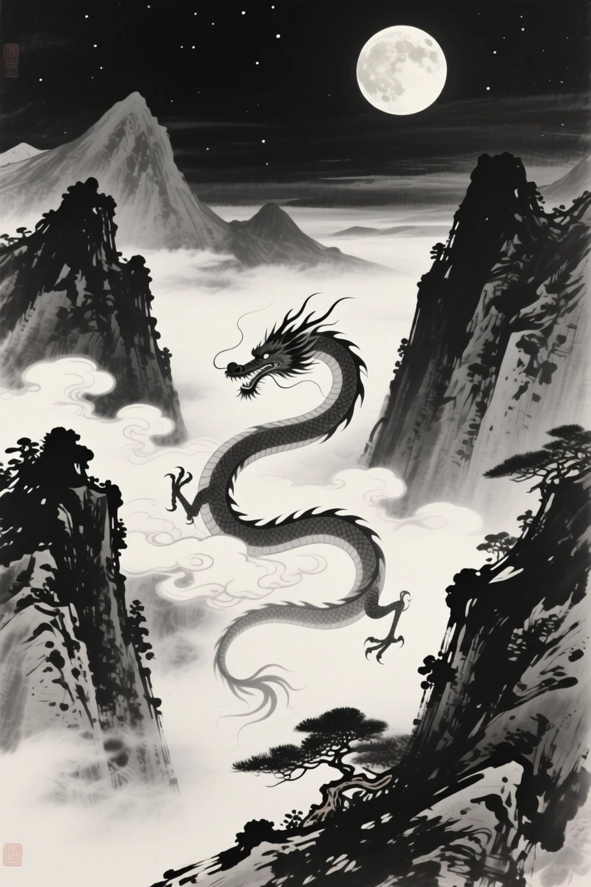 A cloud dragon weaving between mountain peaks beneath the glow of a full harvest moon, seen from below, looking up in quiet awe, carrying a sense of magic woven into the natural world.