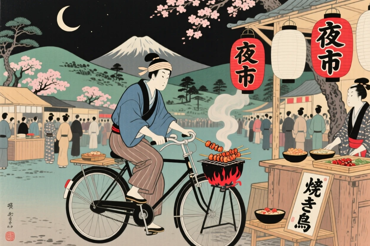 A bicycle rider grilling skewers at a bustling night market.