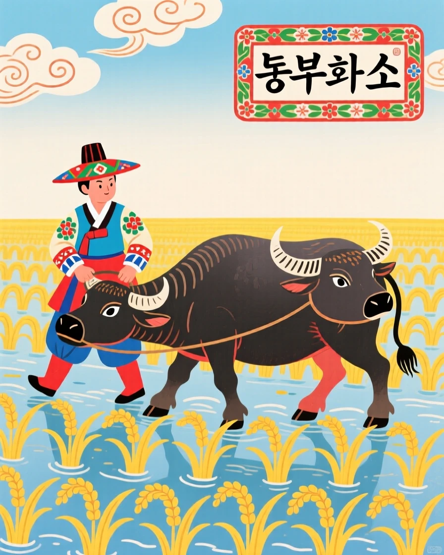 A farmer leading an ox through a rice paddy.