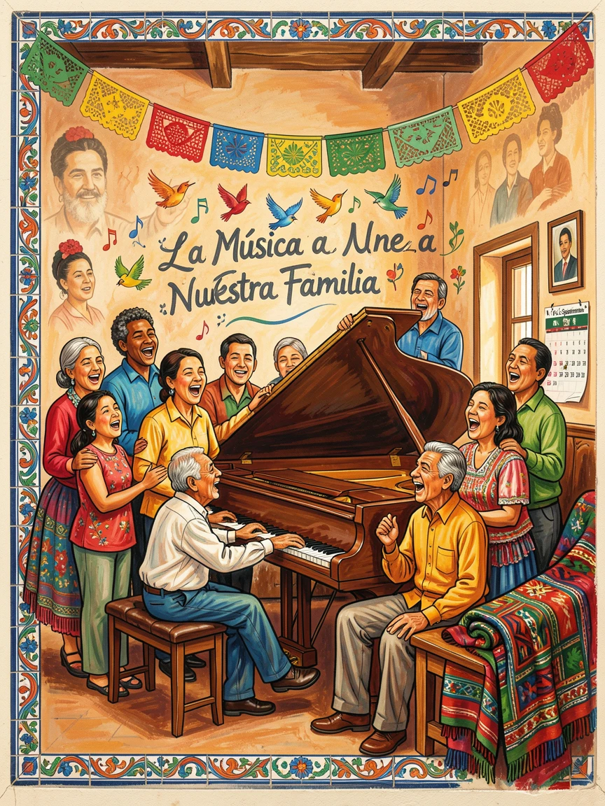 A family gathered around a piano singing together