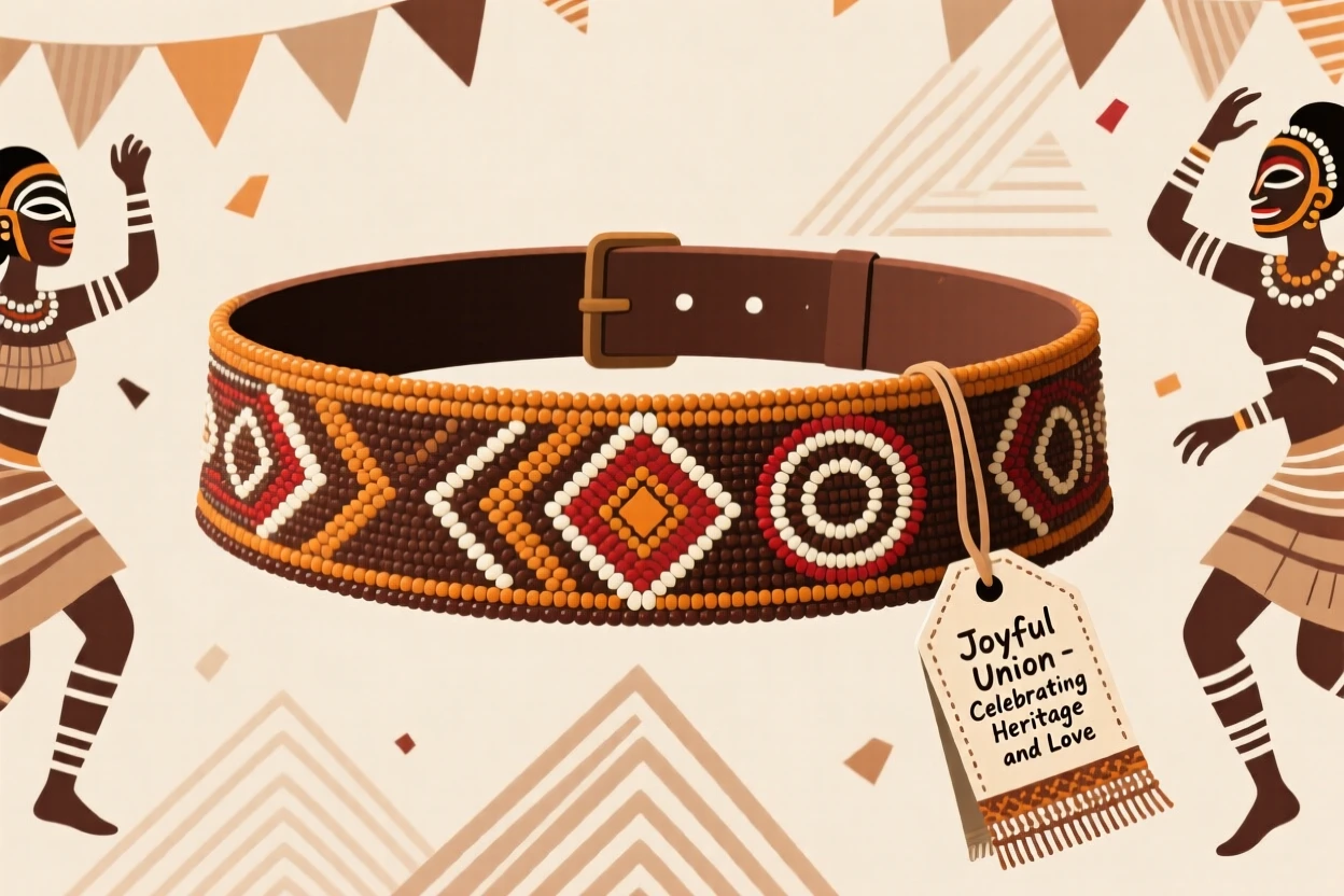 A beaded waist belt worn during a joyful wedding celebration.