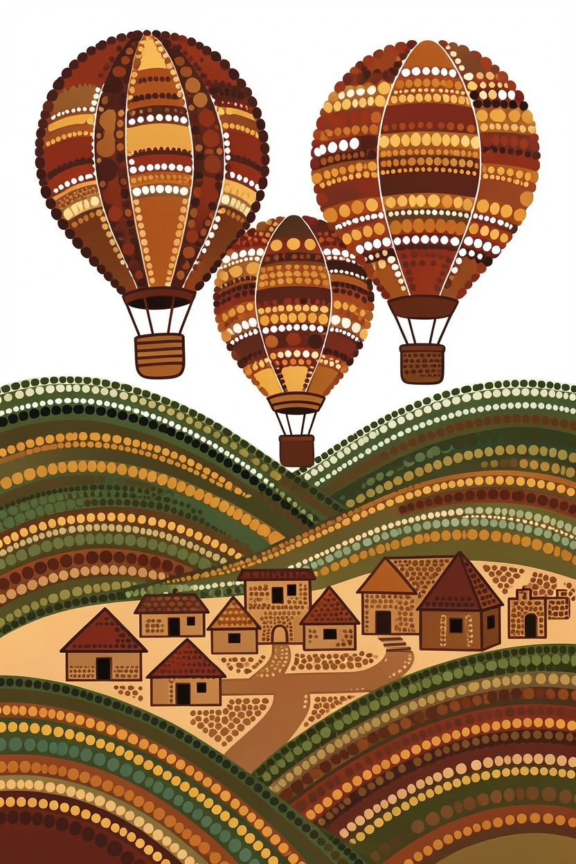 Hot air balloons rising over an ancient city over rolling hills