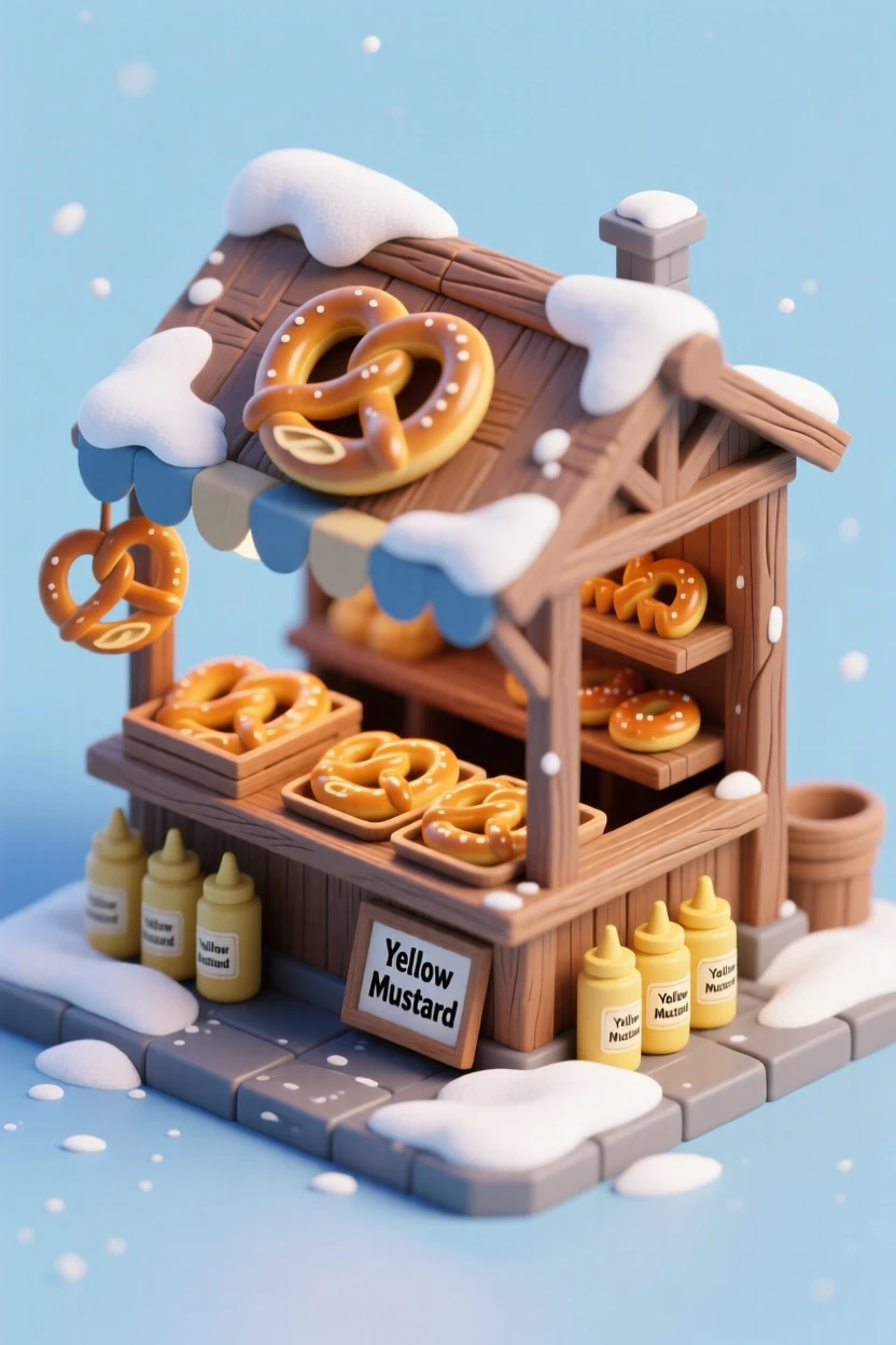 A rustic pretzel stand at a winter market, twisted dough golden and glistening, mustard pots lined up, and snow dusting the awning.