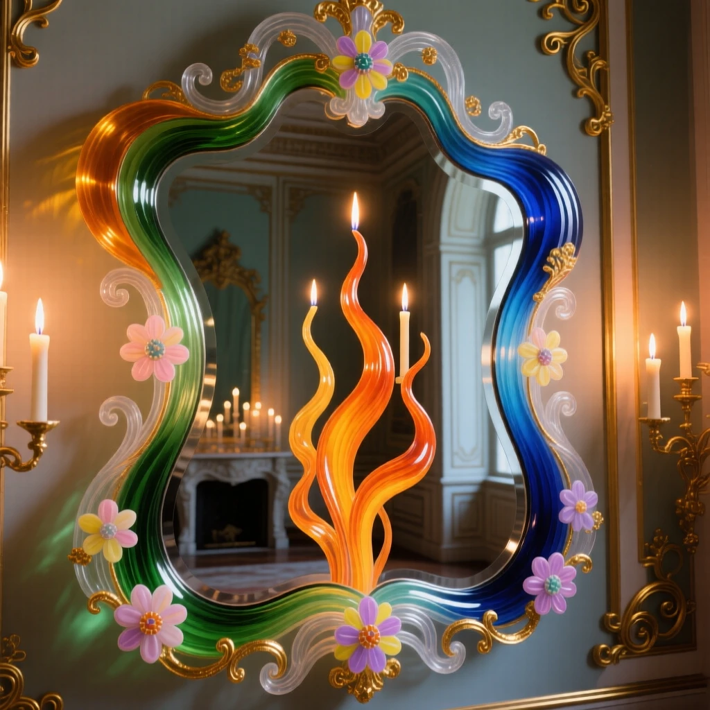 A grand mirror reflecting a candlelit room, mysterious and elegant.