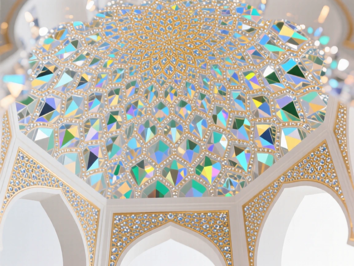 The interior of a grand Islamic palace with intricate muqarnas ceiling detail.