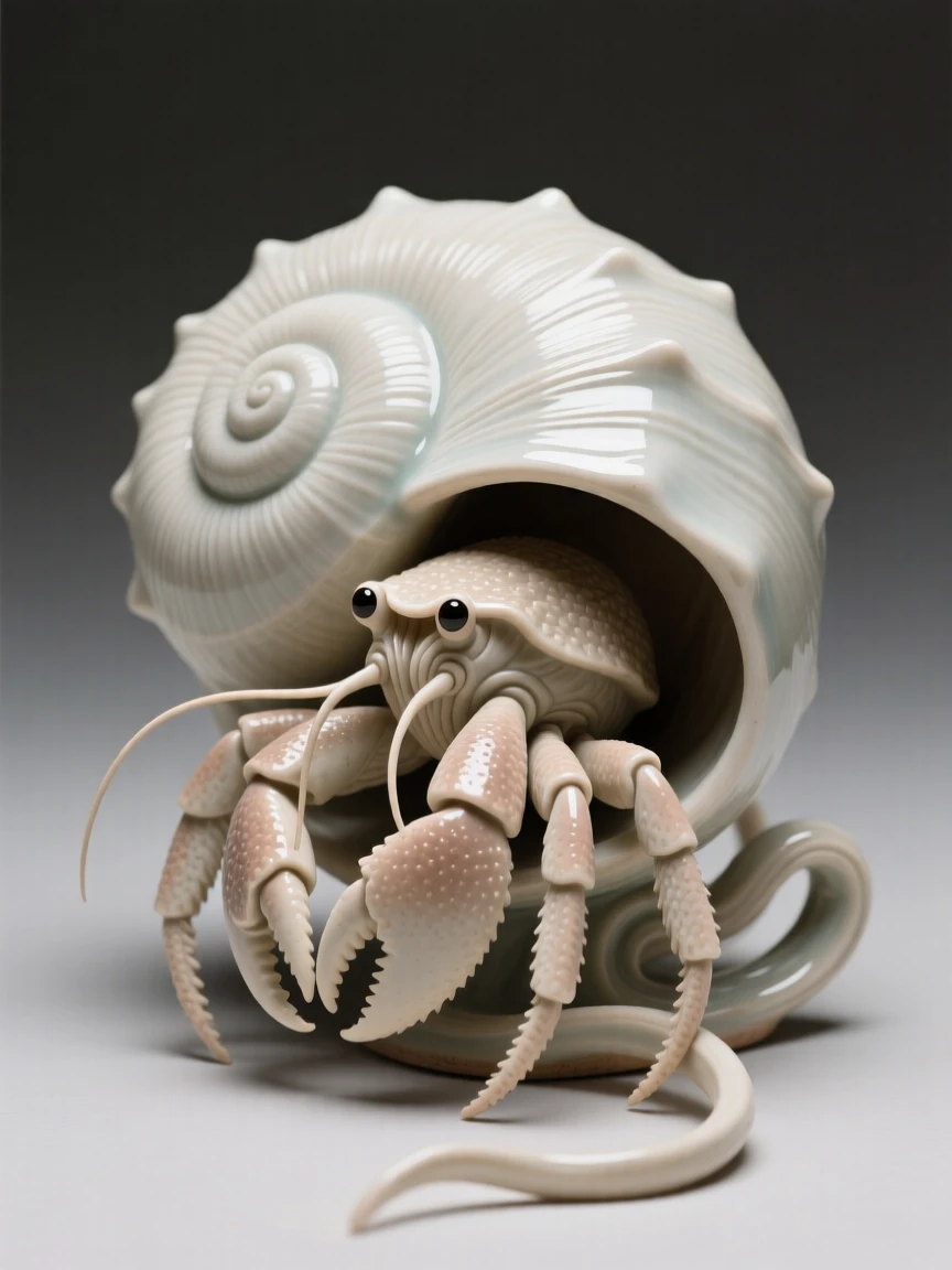 A hermit crab peeking from a spiral shell gliding in a slow, elegant spiral, its fins trailing like delicate ribbons, conveying calm, fluid tranquility.