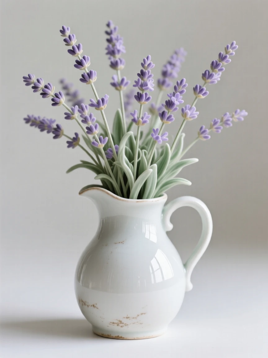A lush arrangement of lavender sprigs in a rustic pitcher, petals unfurling in soft layers.