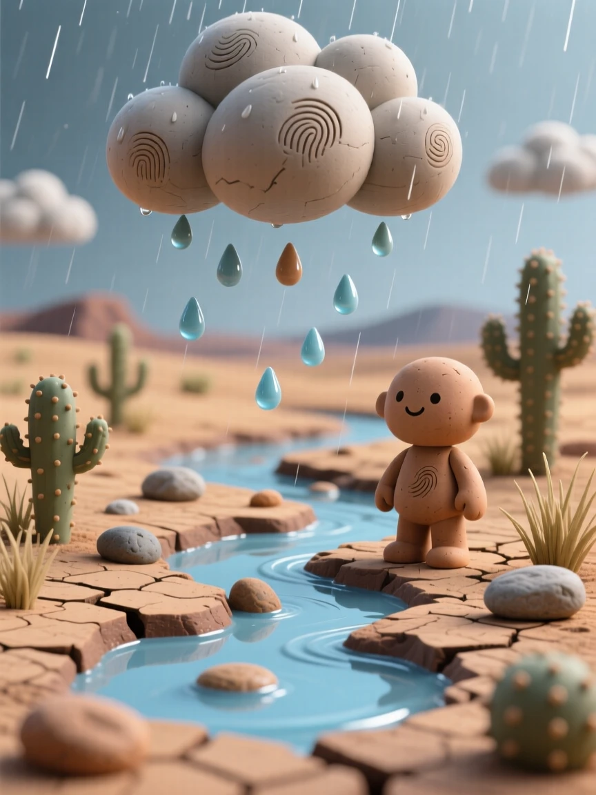 A dry riverbed transformed briefly by a sudden desert rainstorm