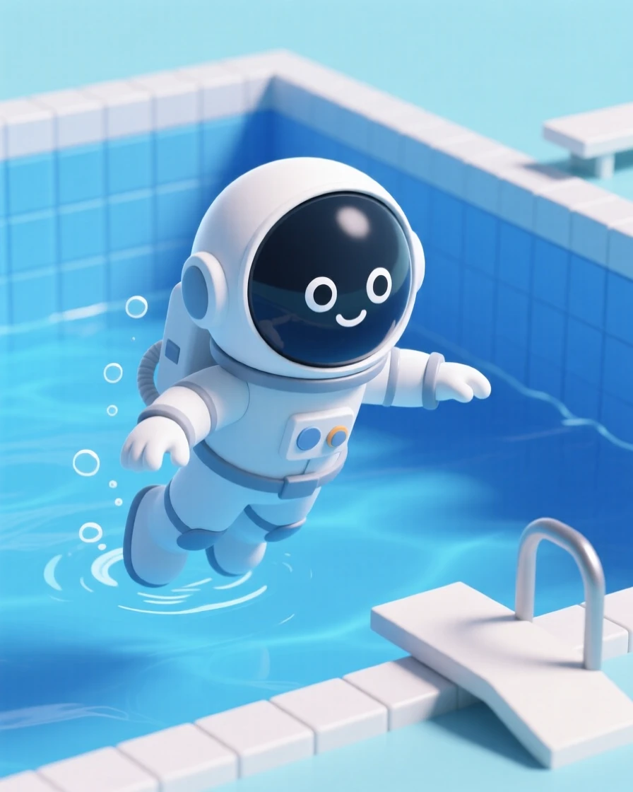 A determined astronaut trains underwater in a massive pool, practicing spacewalk movements in a bulky white suit.