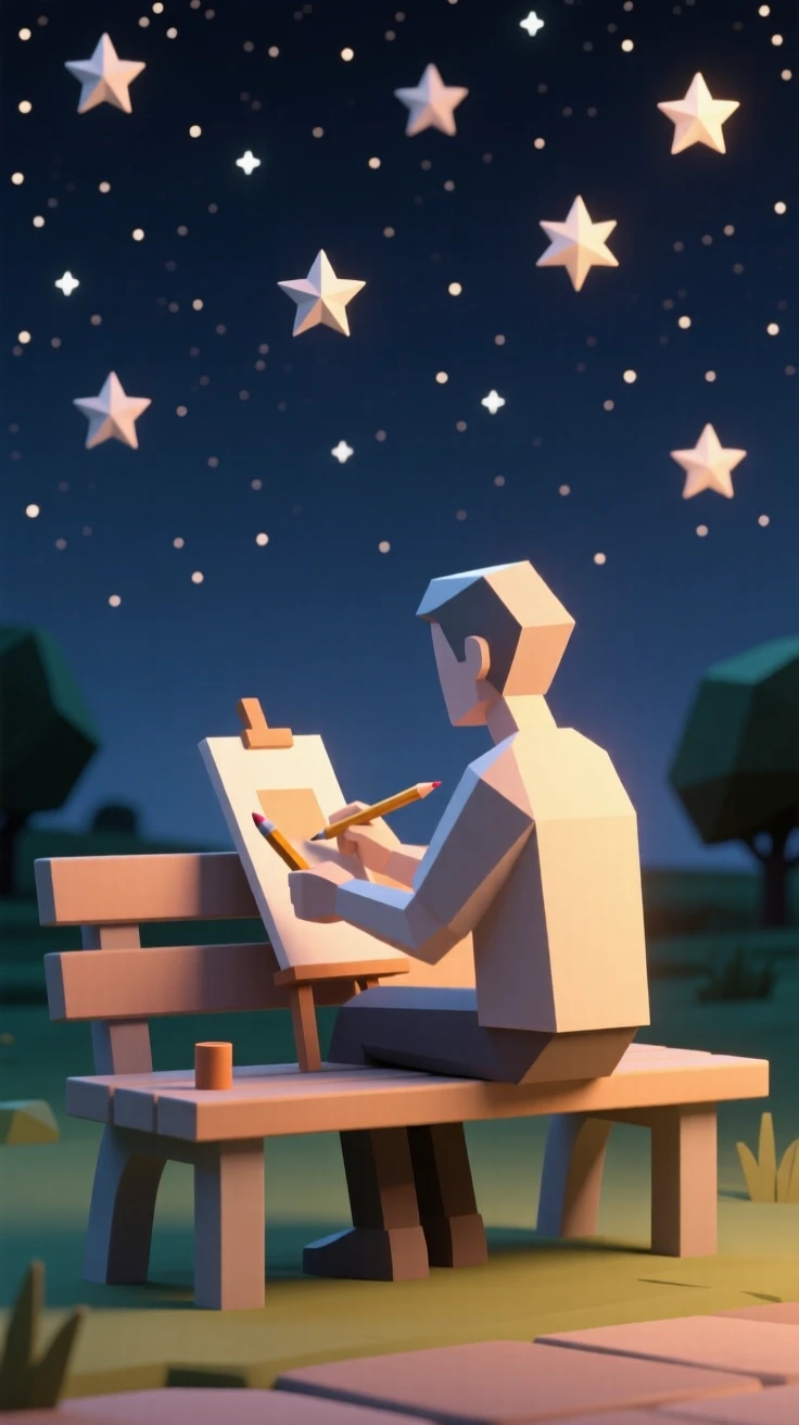 An artist sketching quietly in a park, beneath a sky full of stars. soft backlighting creates a warm, glowing silhouette. A wave of nostalgia fills the moment.