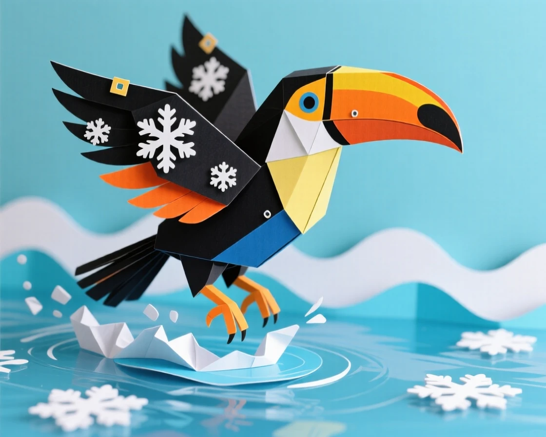 A vibrant toucan leaping through shallow water, with fresh snowflakes settling on its coat, capturing playful joy and warmth.