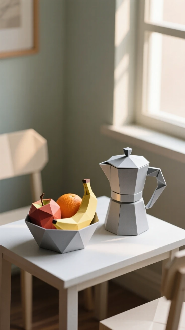 A cozy breakfast nook with a bowl of fresh fruit and a French press catching morning light.