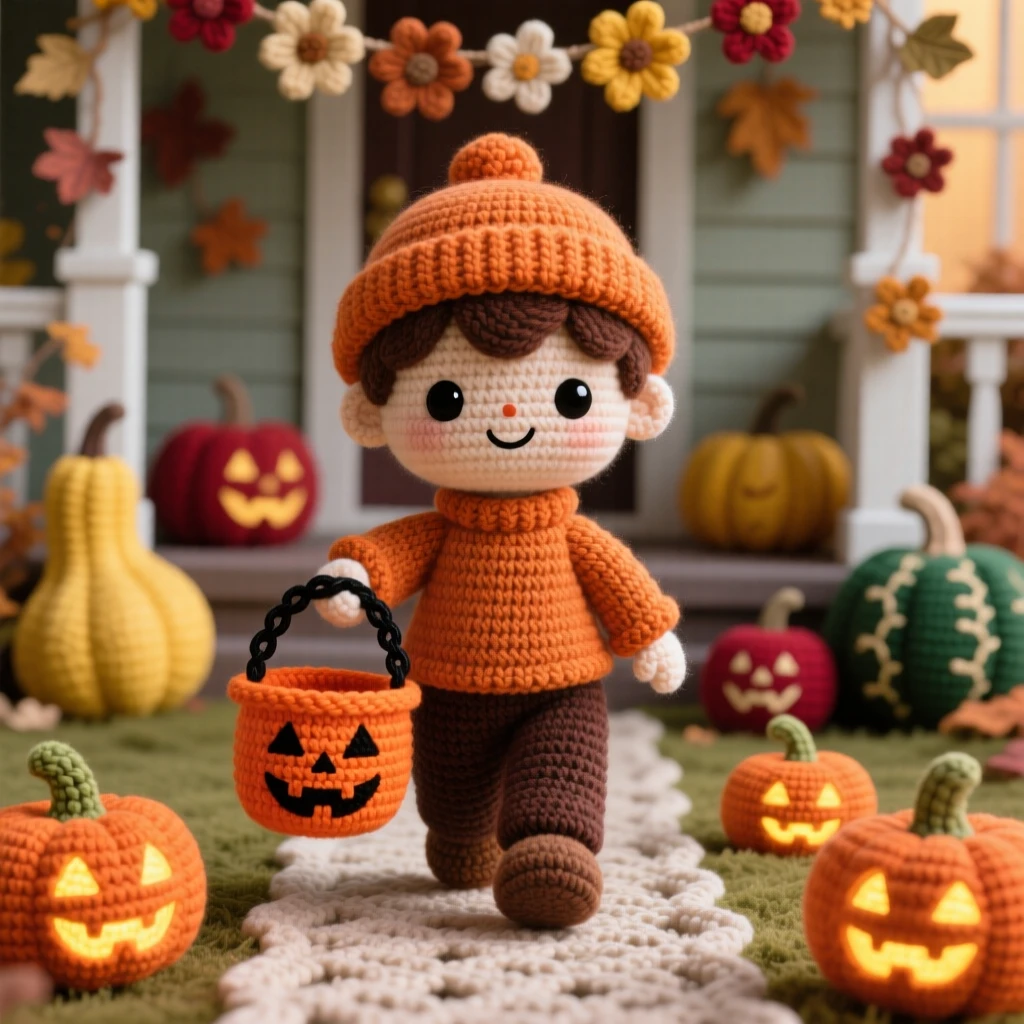 a small boy holding a jack-o-lantern bucket, for trick-or-treating, is shown walking a path lined with glowing pumpkins in a cozy porch decorated with autumn gourds beside a garland of dried flowers, capturing nostalgic, storybook seasonal charm.