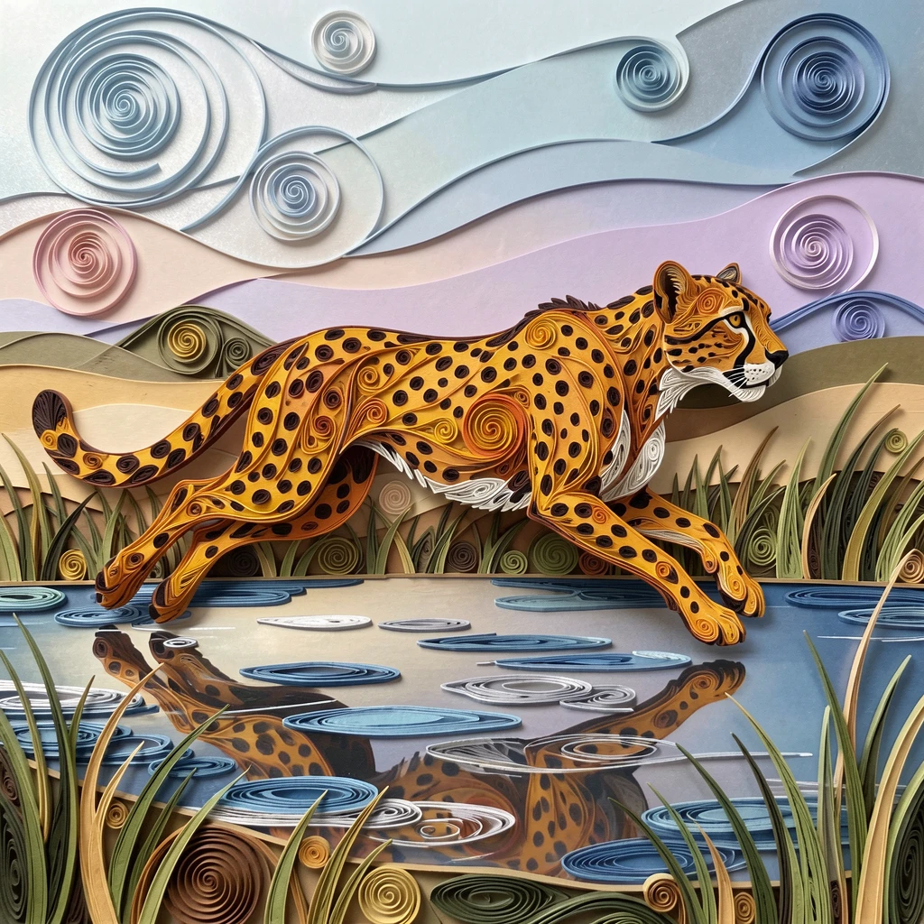 A striking wildlife scene of a cheetah mid-sprint chasing across the savanna beside a still, glassy expanse of water, in cool blues and silvers of early dawn, composed with strong leading lines toward the subject.