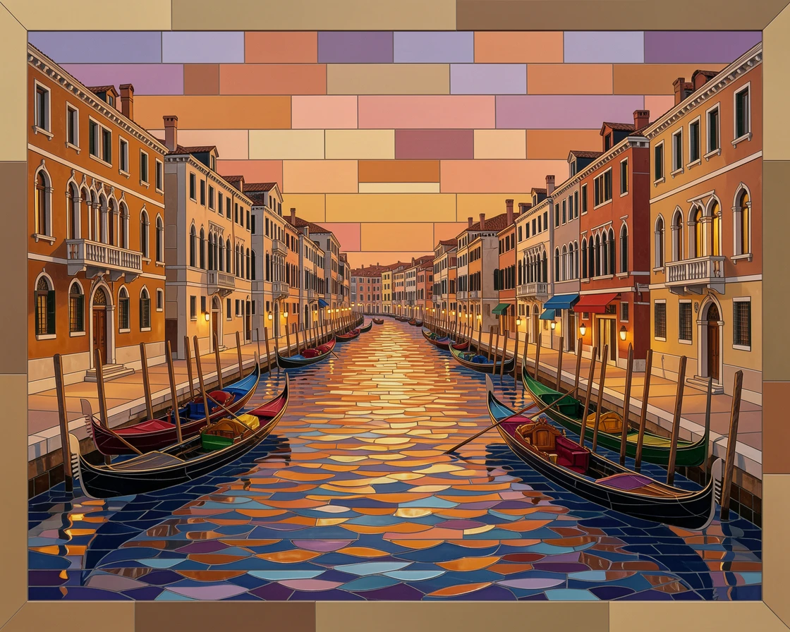 A breathtaking wide-angle view of the canals of Venice lined with colorful gondolas at dusk, with rich warm lighting and fine architectural detail.