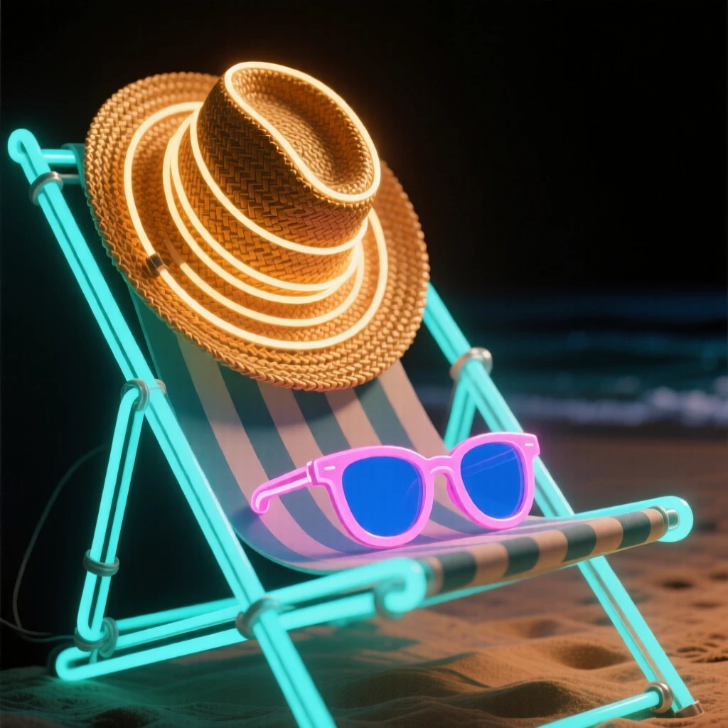 A woven straw hat resting on a beach chair beside sunglasses.