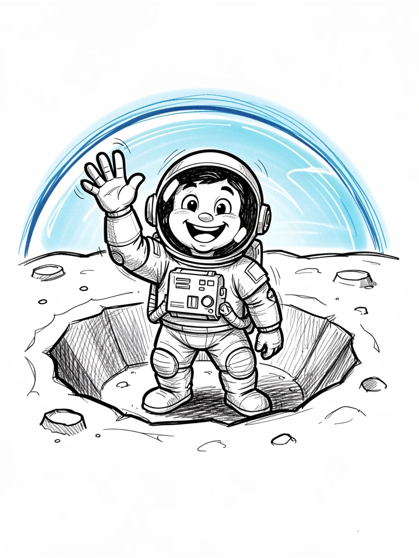 A friendly astronaut waving from a moon crater above Earth's glowing blue horizon.