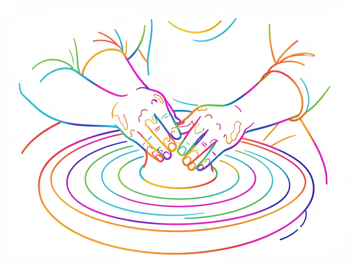 A potter shaping clay on a spinning wheel, hands covered in wet clay.