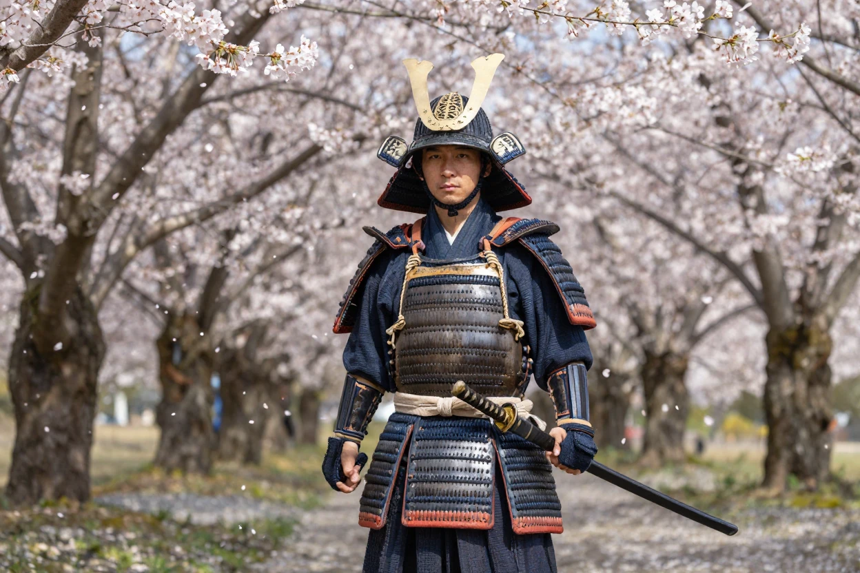 A samurai warrior standing in a cherry blossom grove