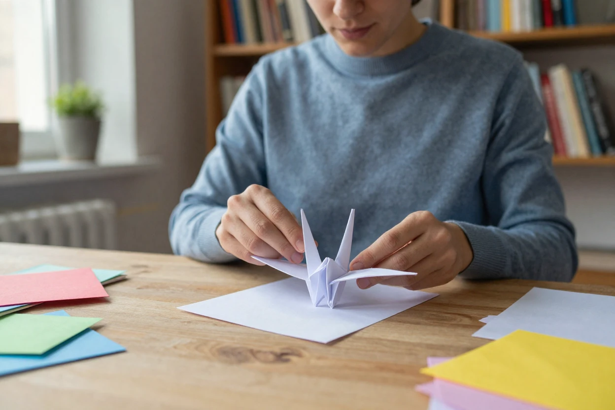 An origami artist folds a complex crane from a single square of paper.