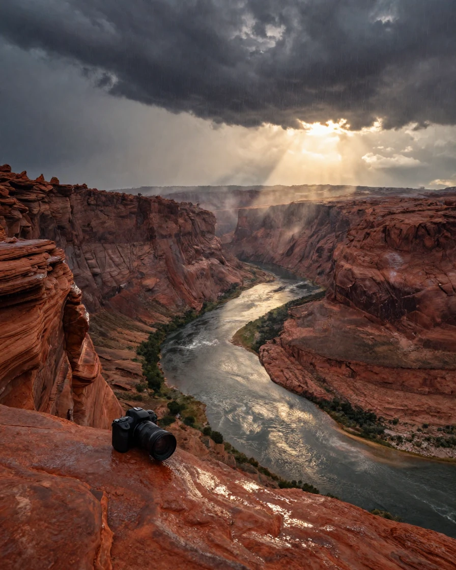 A winding river carved through red rock canyons during a sudden summer storm