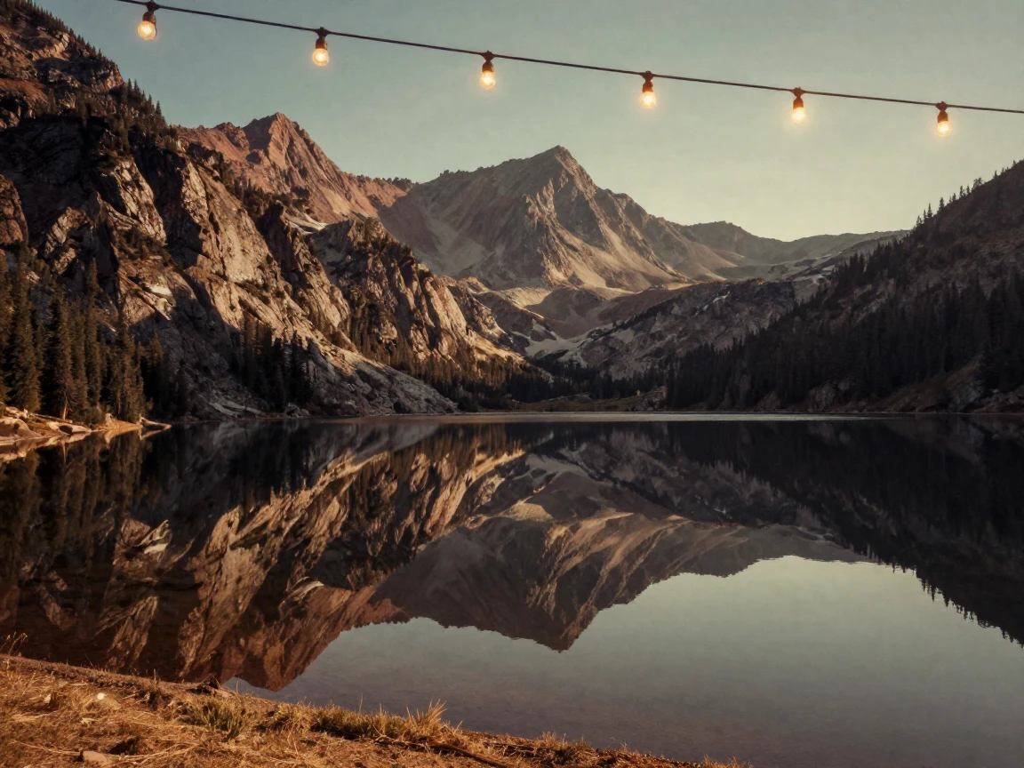 A still mountain lake perfectly mirroring the surrounding peaks, under strings of warm string lights, as heat shimmers over the ground, during the long days of summer, with muted olive and rust colors, at eye level, intimate and direct.