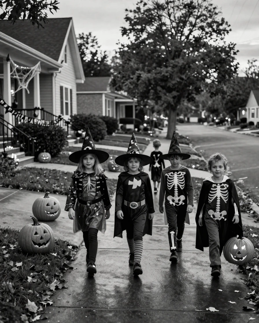 A group of trick-or-treaters walks door to door in costume along a decorated suburban street.