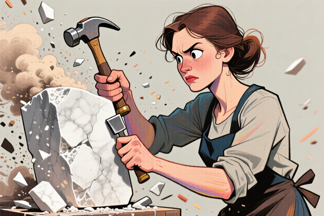 A sculptor chiseling a block of marble, dust flying, focused expression on her face.