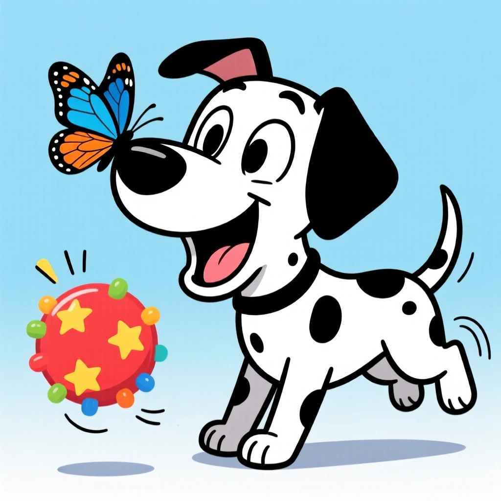 A playful pet moment featuring an excitable dalmatian tilting its head at a squeaky toy, as a butterfly lands on its nose.