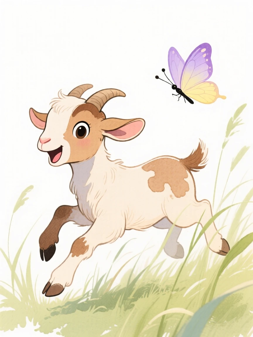 A baby goat chasing a butterfly through tall grass