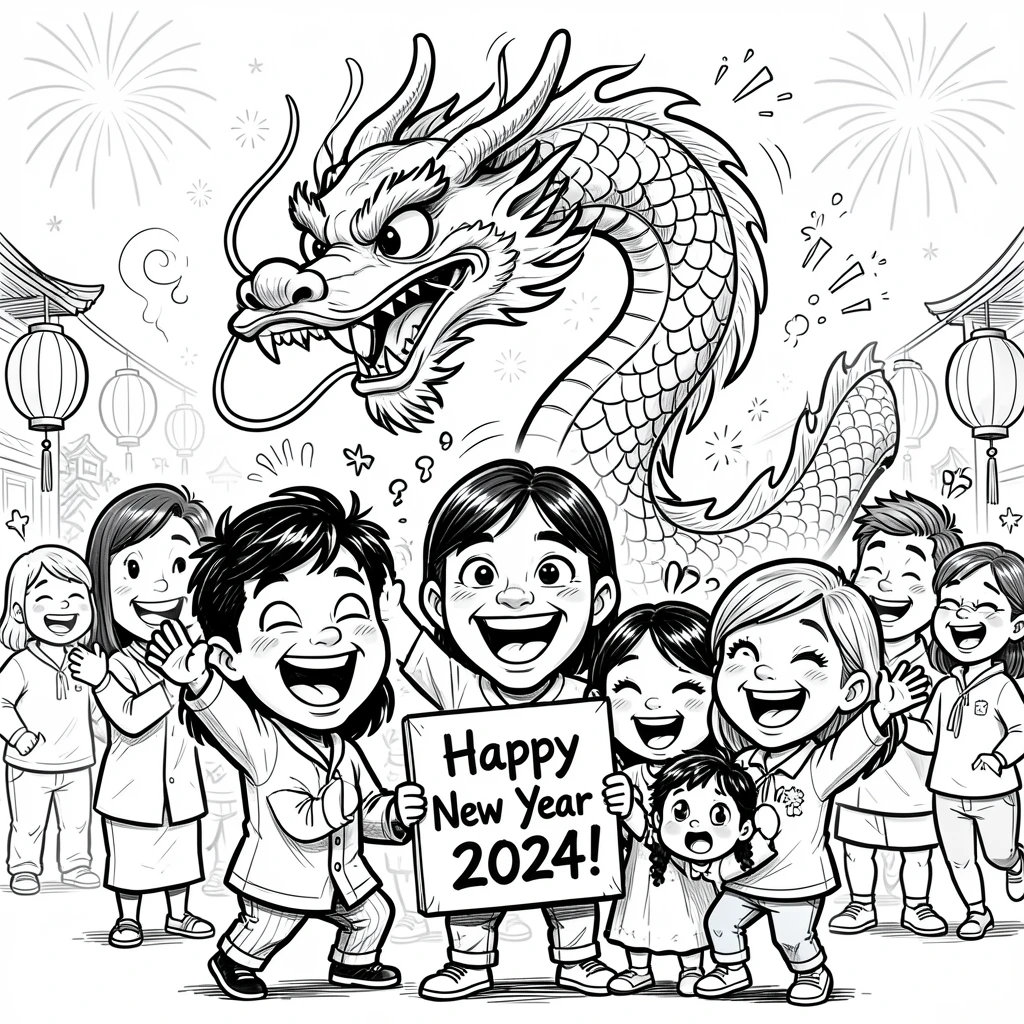 [Seasonal Holidays & Celebrations] Festive scene of a family celebrating Chinese New Year with a vibrant dragon parade, full of celebration and joy