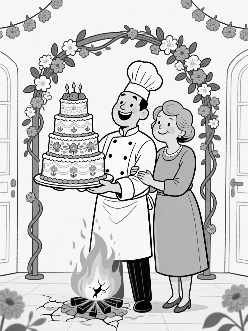 A baker proudly displaying an elaborate celebration cake, swaying arm in arm to the crackling fire's rhythm, set beneath a flower-covered wedding arch. Strings of marigolds hang from every doorway. It captures the warmth of celebration shared across generations.